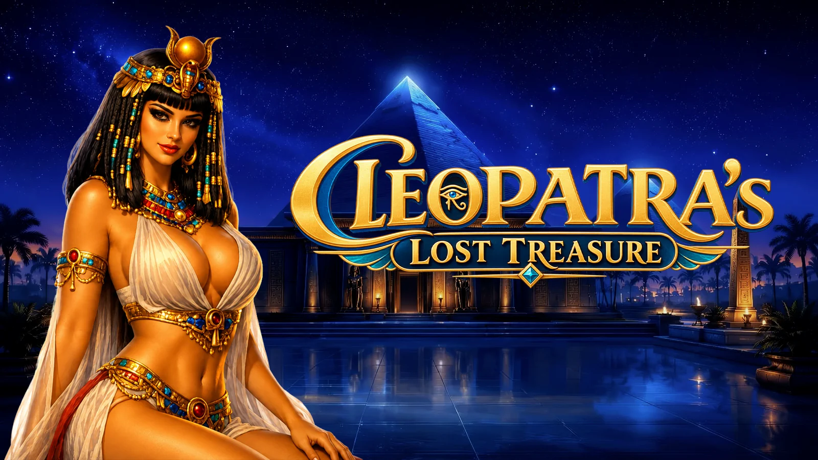 Key art for Cleopatra's Lost Treasure: Cleopatra beside a moonlit temple.