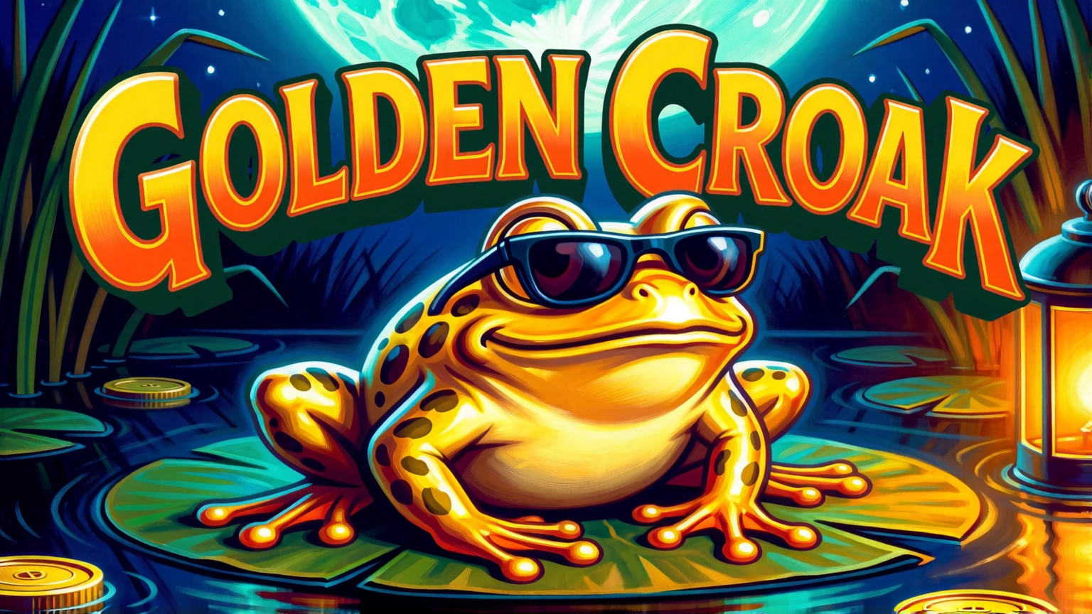 Golden Croak: a golden frog wearing sunglasses on a lily pad beneath the title at a moonlit pond.