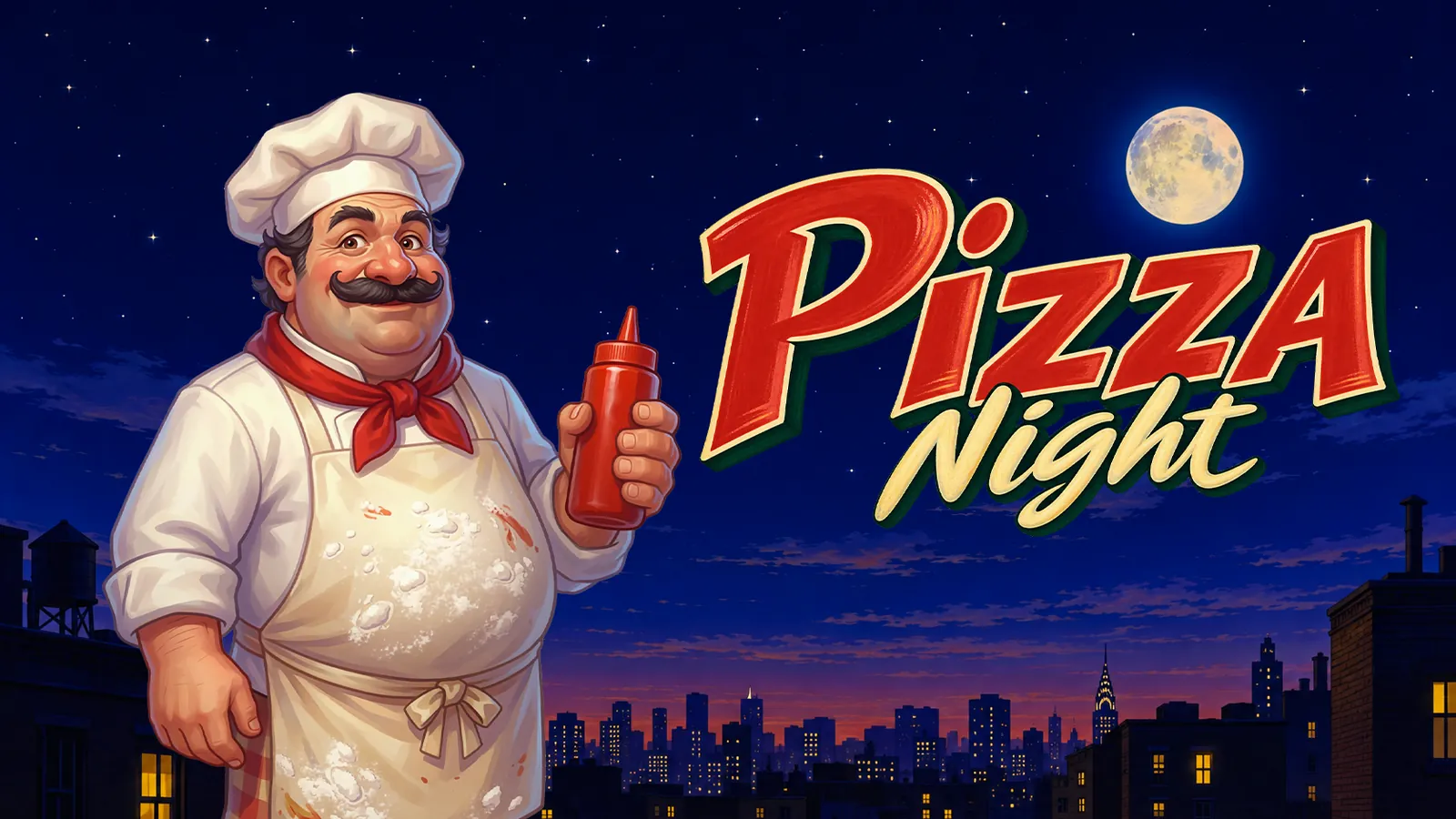 Key art for Pizza Night: a lit corner pizzeria on a New York street at night.